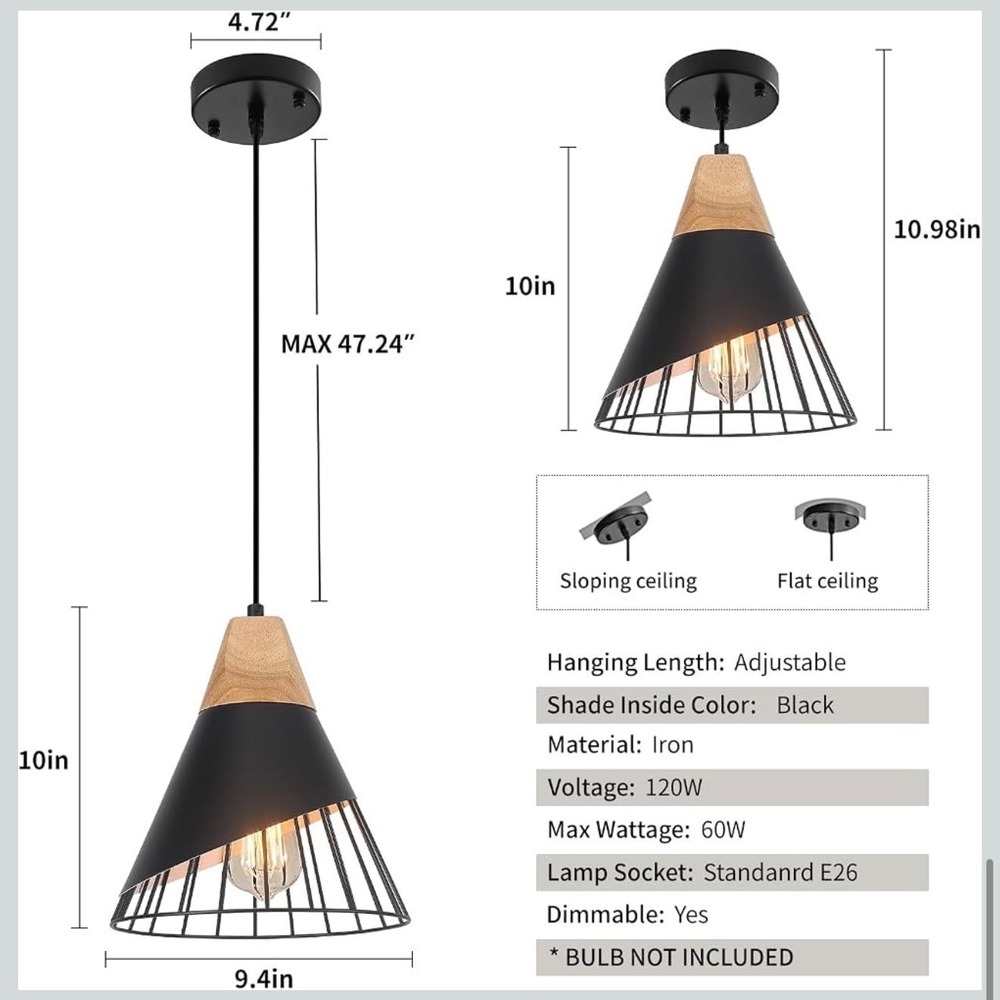 NEW Mxsaoud 2pc Modern Farmhouse Black Pendant Light Wood Hanging Fixture E26 - Picture 4 of 8